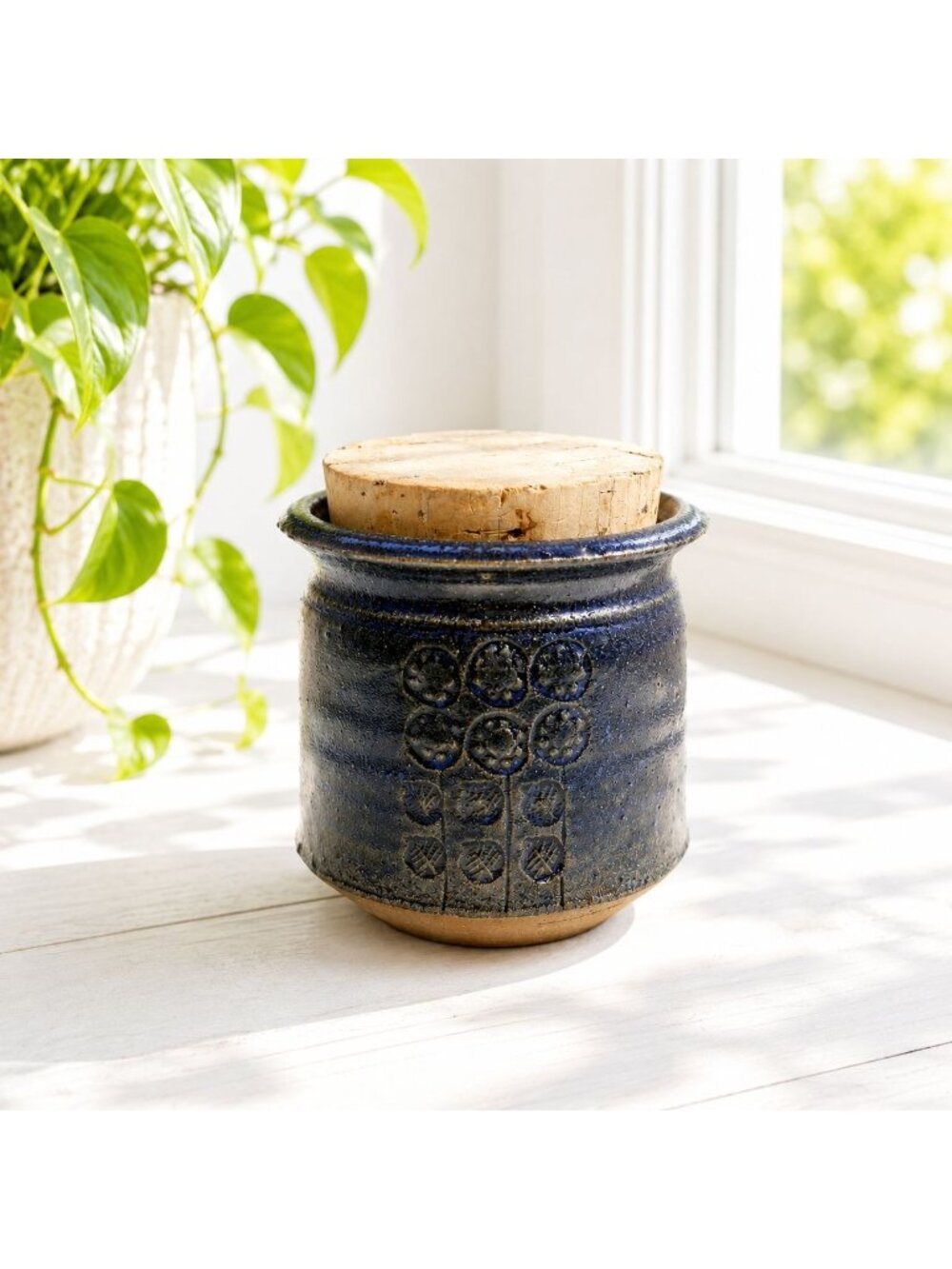Handcrafted Vintage Stoneware Jar With Cork Lid - Blue Glaze & Embossed Design -